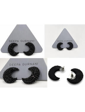 Deepa Gurnani Black Beaded Crescent Earrings Statement Crystal Hoop Boho Luxe